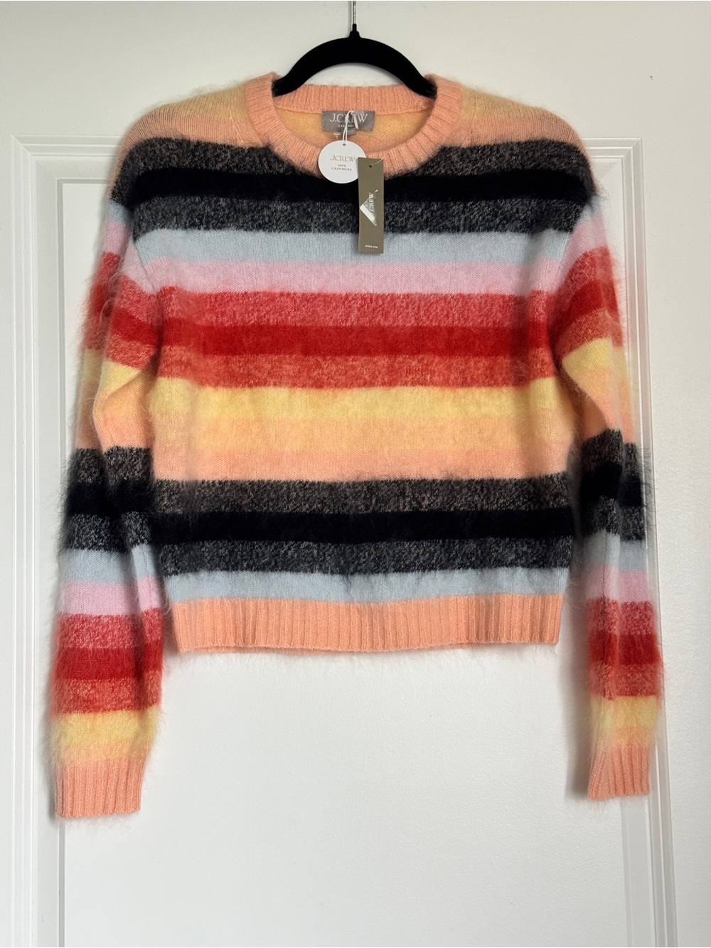 NWT J. CREW Perfect brushed cashmere crewneck sweater guava multi stripe size XS